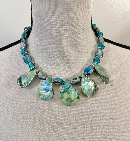 Aqua Teardrop Shell Pearl Statement Necklace