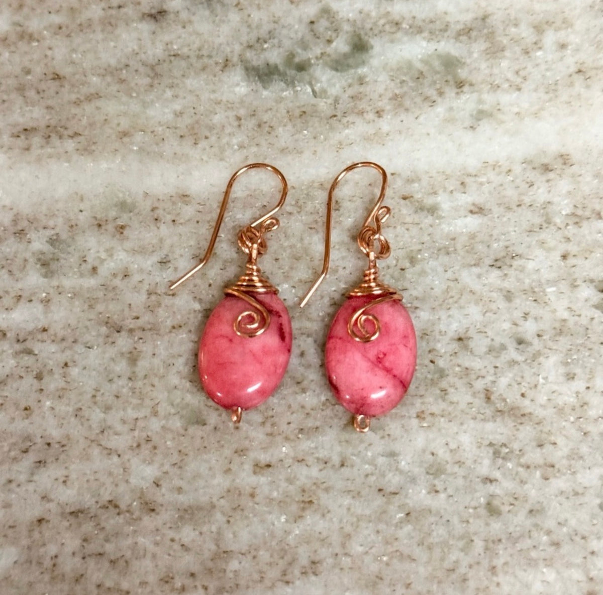 Pink Agate Wire Wrapped Dangle Earrings| Spiral Swirl Drop