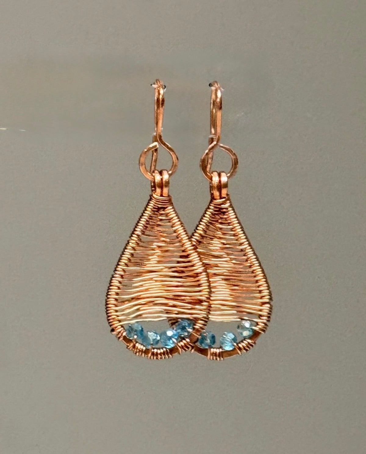 Copper Wire-wrapped Teardrop Boho Dangle Earrings with Blue Topaz Crystals• Tarnish-Resistant