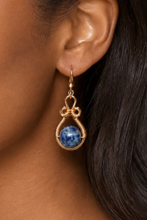 Blue Dot Jasper Copper Wire Wrapped Earrings | Healing & Boho Jewelry