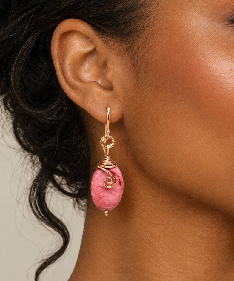 Pink Agate Wire Wrapped Dangle Earrings| Spiral Swirl Drop