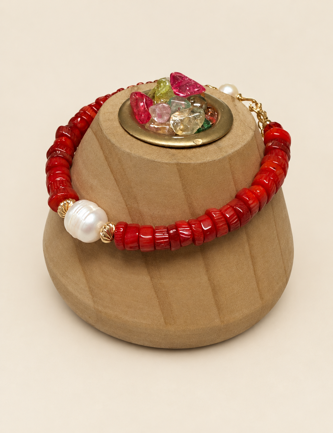14k Gold-Filled Red Bamboo Coral & Freshwater Pearl Bracelet