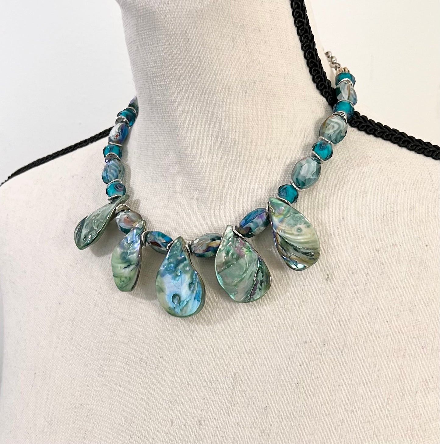 Aqua Teardrop Shell Pearl Statement Necklace