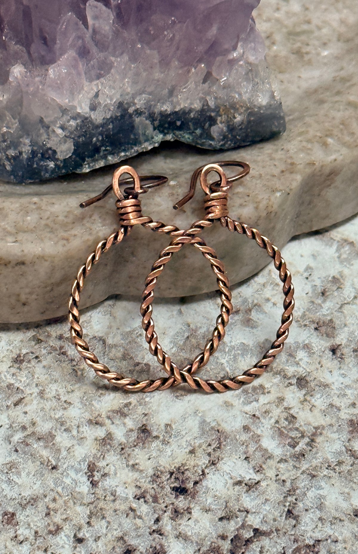 Rustic Artisan Twisted Rope Copper Hoop Earrings