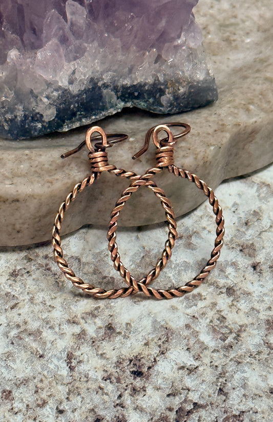 Rustic Artisan Twisted Rope Copper Hoop Earrings