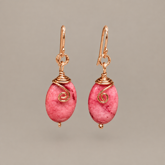 Pink Agate Wire Wrapped Dangle Earrings| Spiral Swirl Drop