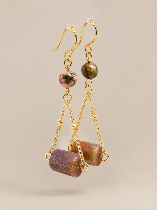 "Handcrafted fancy
Jasper cylinder and faceted coin drop earrings suspended on
14k gold-filled
geometric chains.