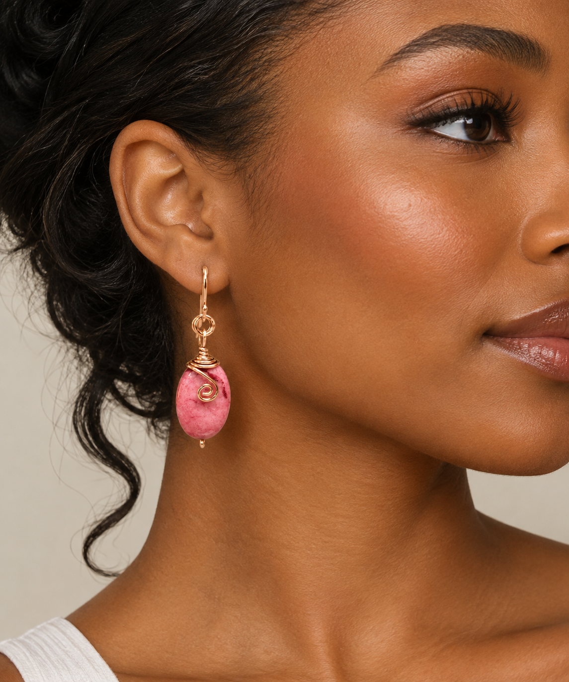 Pink Agate Wire Wrapped Dangle Earrings| Spiral Swirl Drop