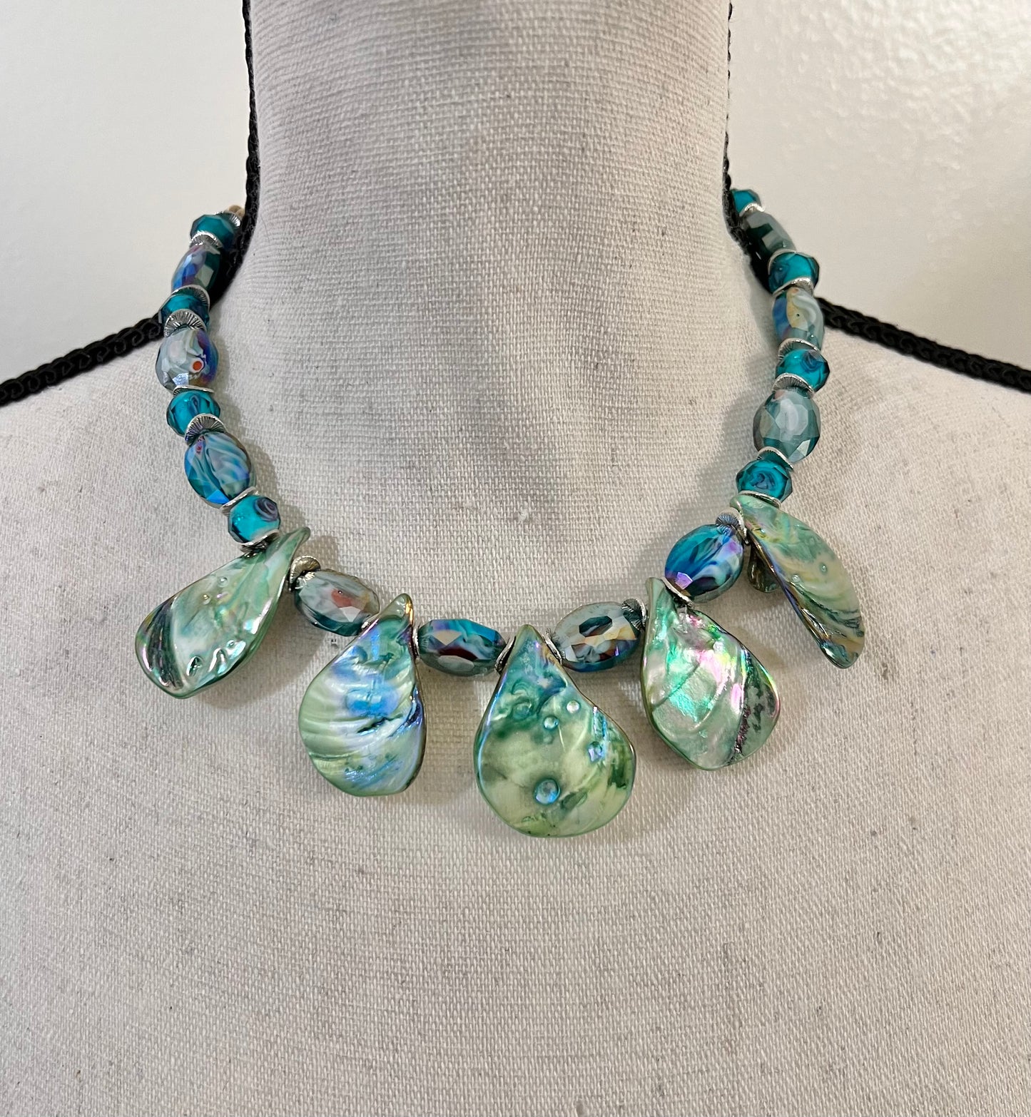 Aqua Teardrop Shell Pearl Statement Necklace