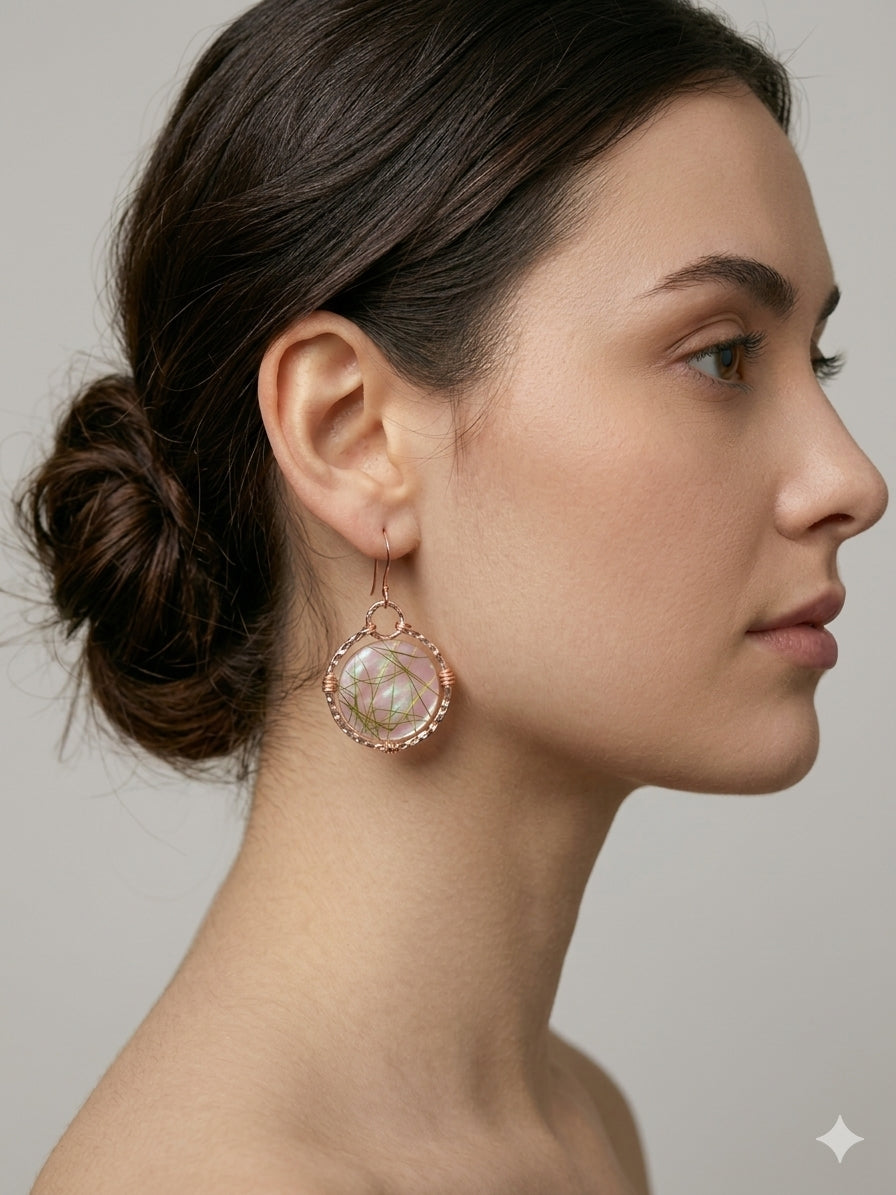 Luminous Rose-Gold & Painted Morher-of-Pearl Dangle Hoop Earrings