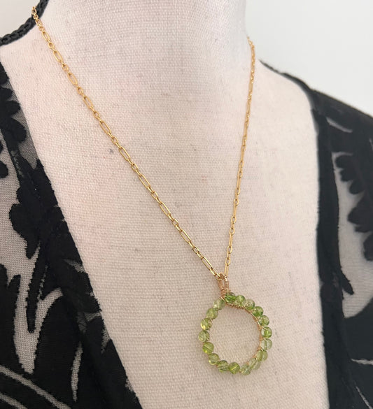 Green Quartz Circle Pendant Necklace - 14k Gold-Filled.