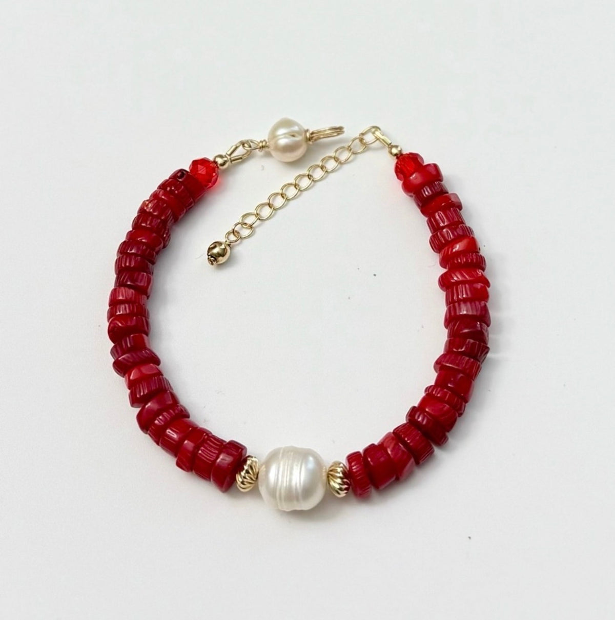 14k Gold-Filled Red Bamboo Coral & Freshwater Pearl Bracelet