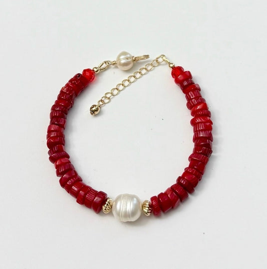 14k Gold-Filled Red Bamboo Coral & Freshwater Pearl Bracelet