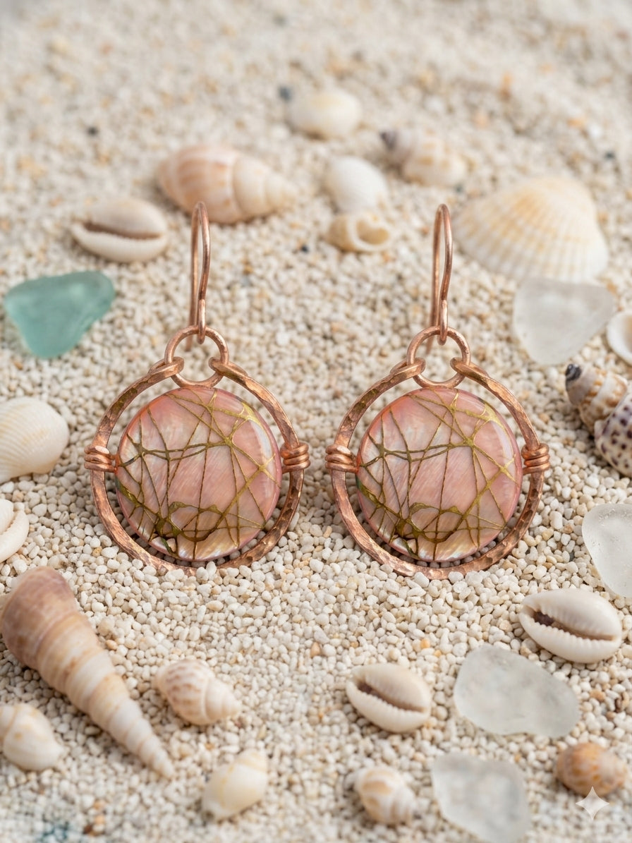 Luminous Rose-Gold & Painted Morher-of-Pearl Dangle Hoop Earrings