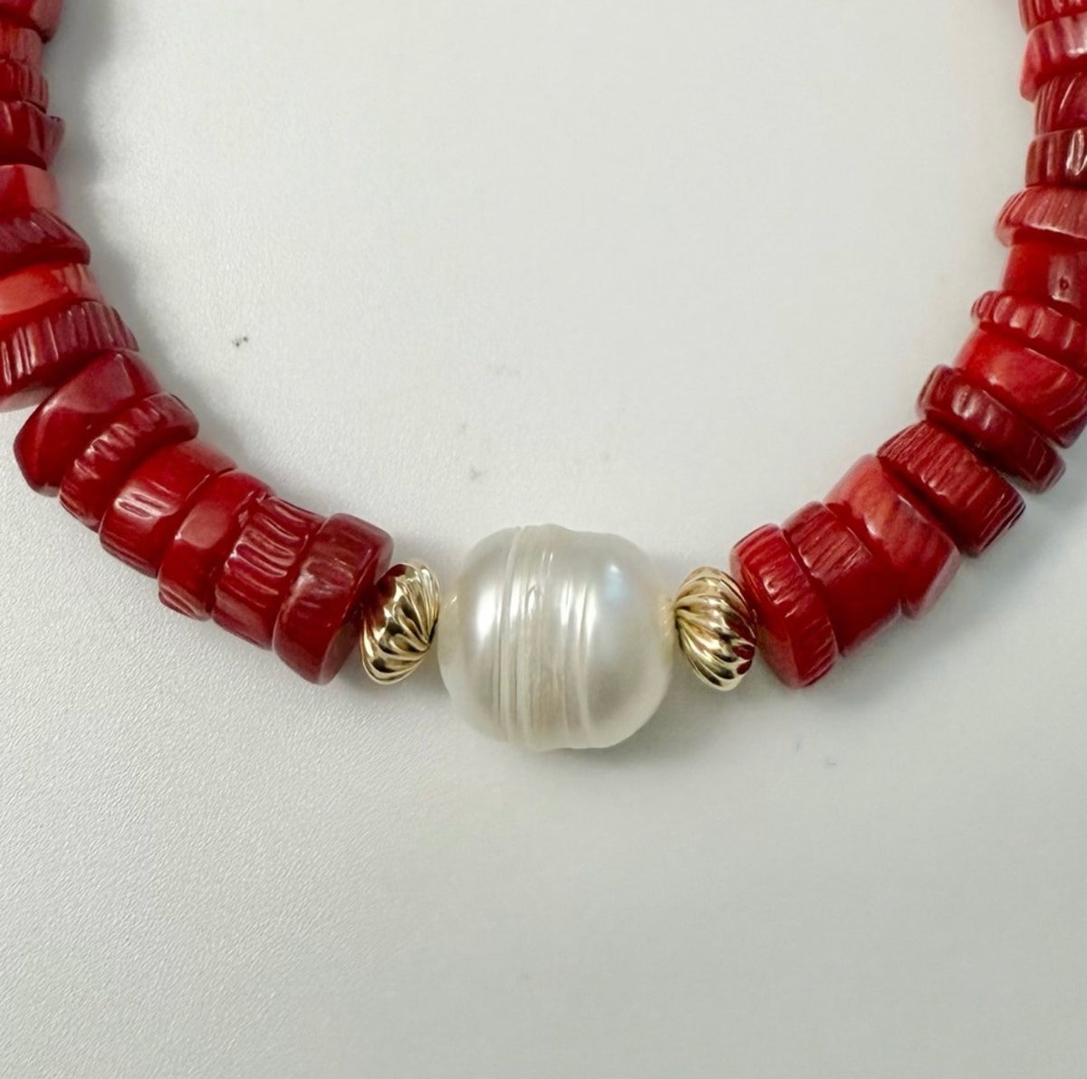 14k Gold-Filled Red Bamboo Coral & Freshwater Pearl Bracelet