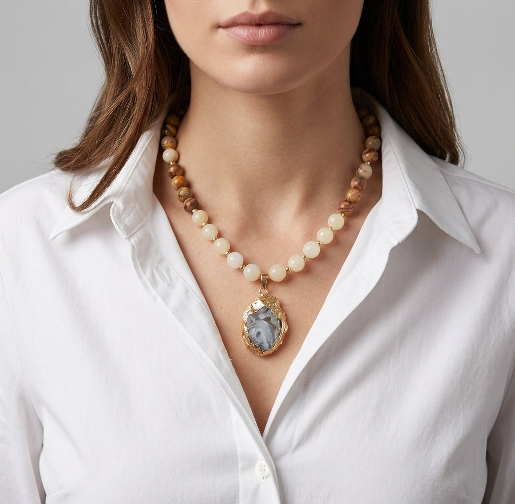 Gold-Rimmed Agate
Geode Pendant & Crazy Lace Statement
Necklace