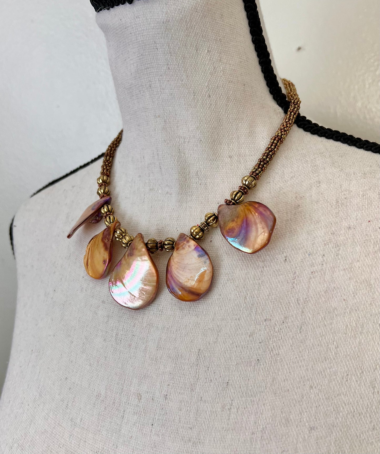 Gold Teardrop Shell Pearl Statement Necklace