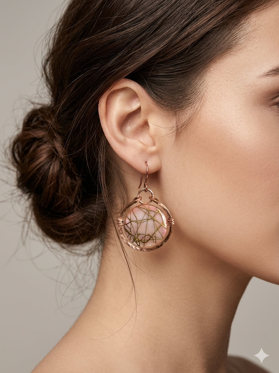 Luminous Rose-Gold & Painted Morher-of-Pearl Dangle Hoop Earrings