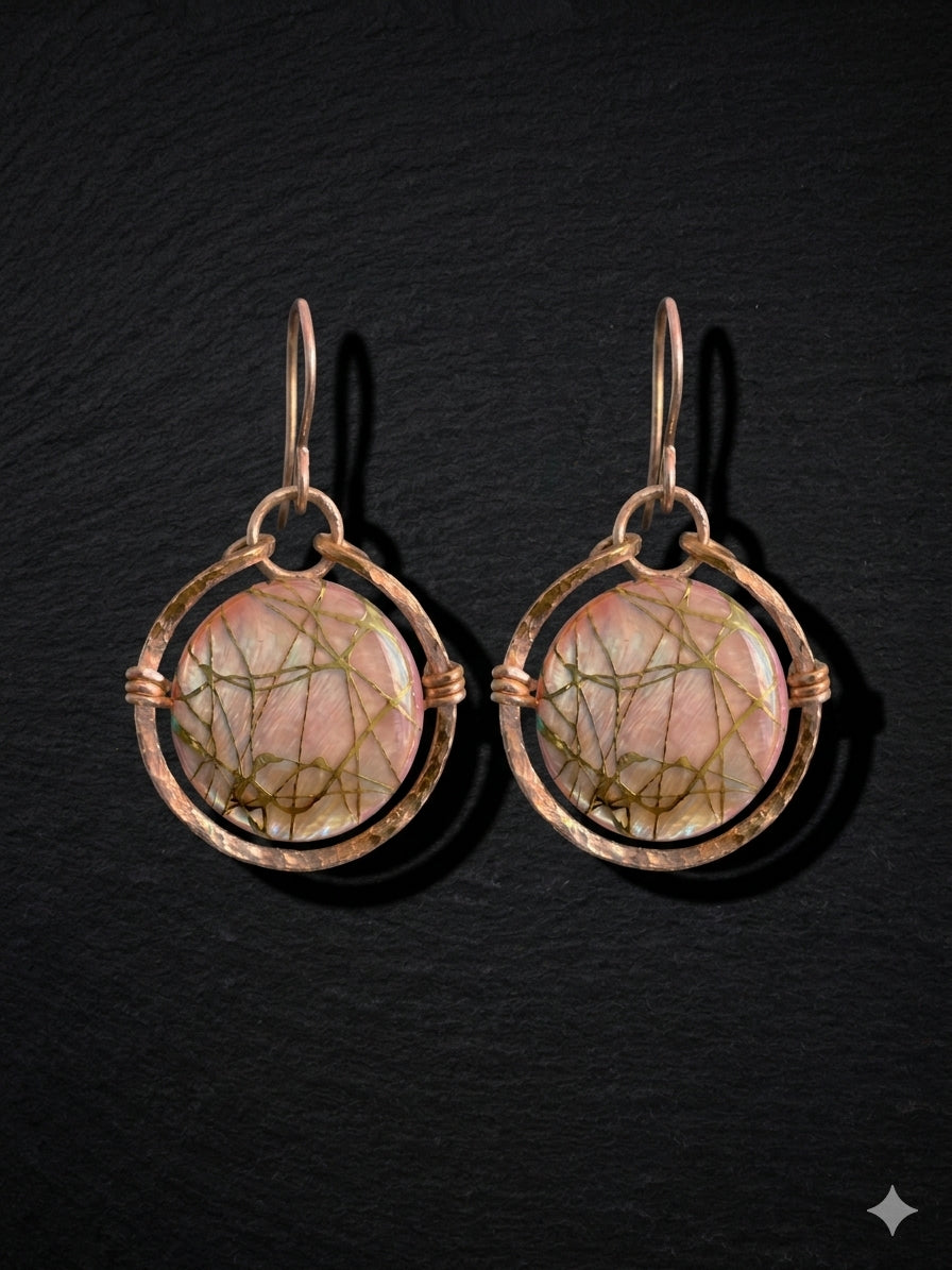 Luminous Rose-Gold & Painted Morher-of-Pearl Dangle Hoop Earrings