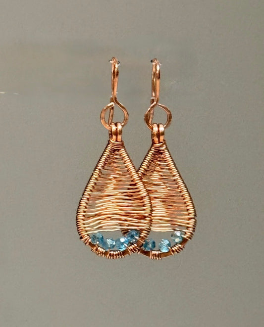 Copper Wire-wrapped Teardrop Boho Dangle Earrings with Blue Topaz Crystals• Tarnish-Resistant